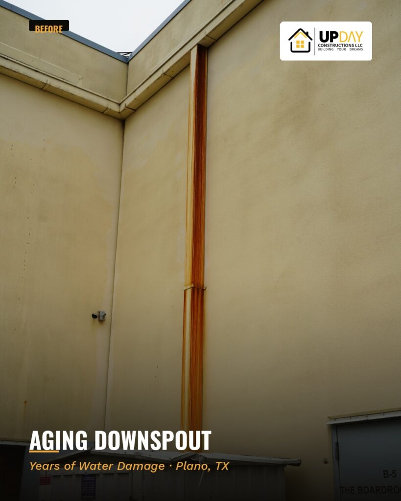Aging commercial downspout before replacement at The Shops at Legacy East, Plano, TX
